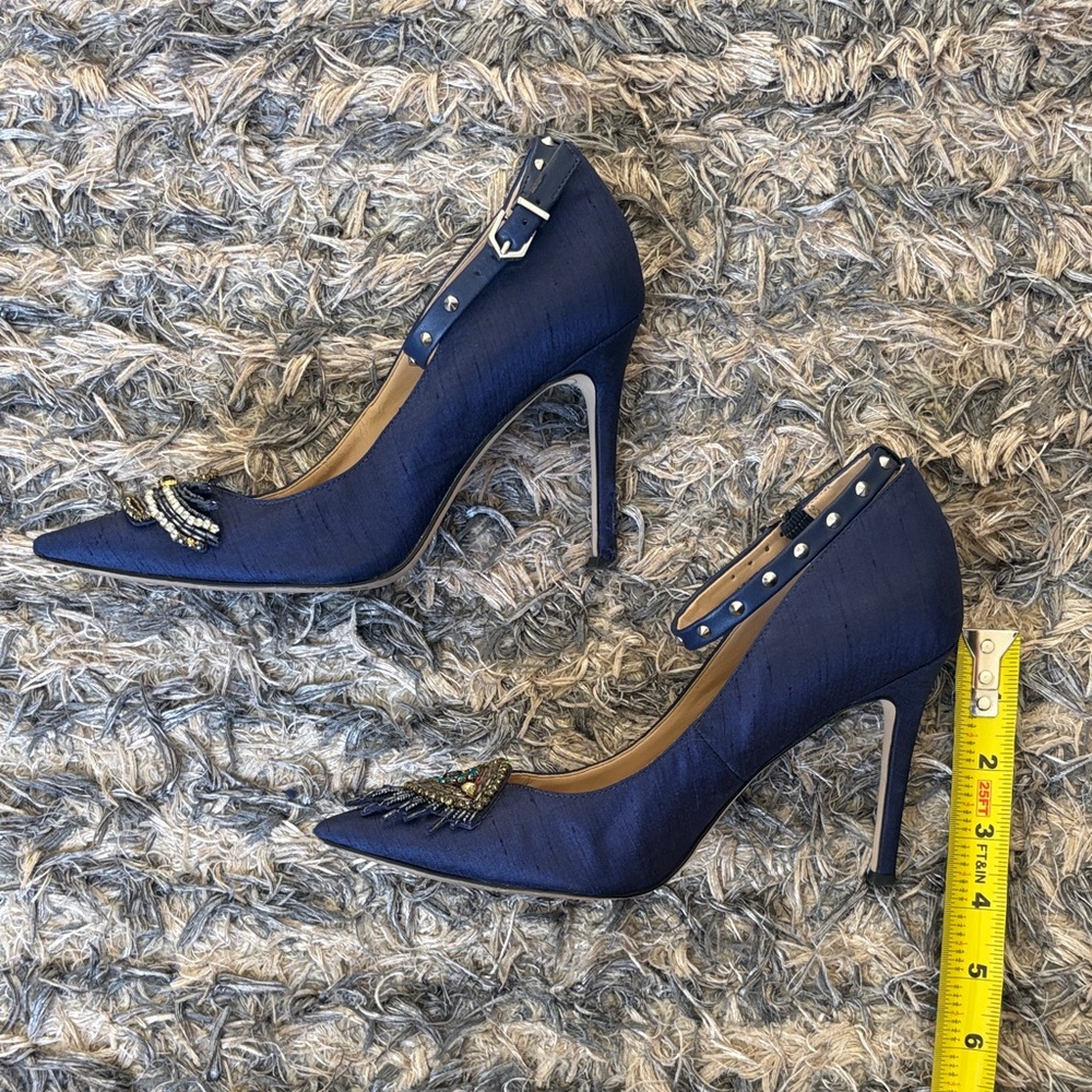Sam Edelman Navy Beaded Pointed Toe Ankle Strap Heels Size 6 Limited Edition - Picture 16 of 16
